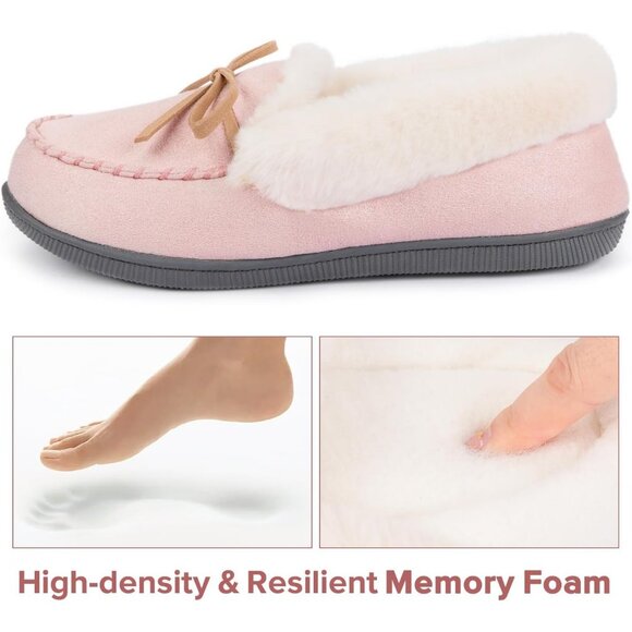 Women's Glittered Moccasin Faux Fur Lining Wrap Rubber Sole Pink Slipper Bootie - Picture 4 of 6